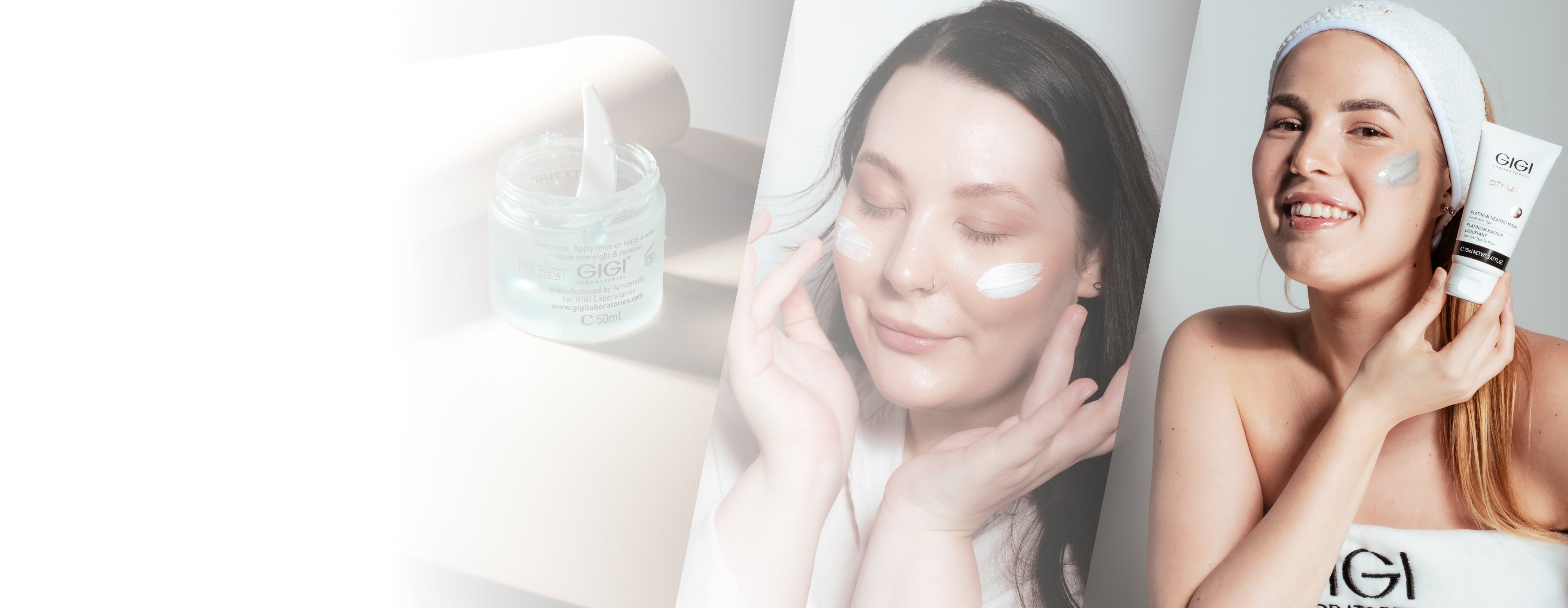 Kolmest pildist koosnev kollaaž, mis tutvustab GIGI kosmeetikatooteid: kosmeetikapurk, naine kannab kreemi põskedele ja naeratav peapaelaga naine hoiab käes kreemituubi.