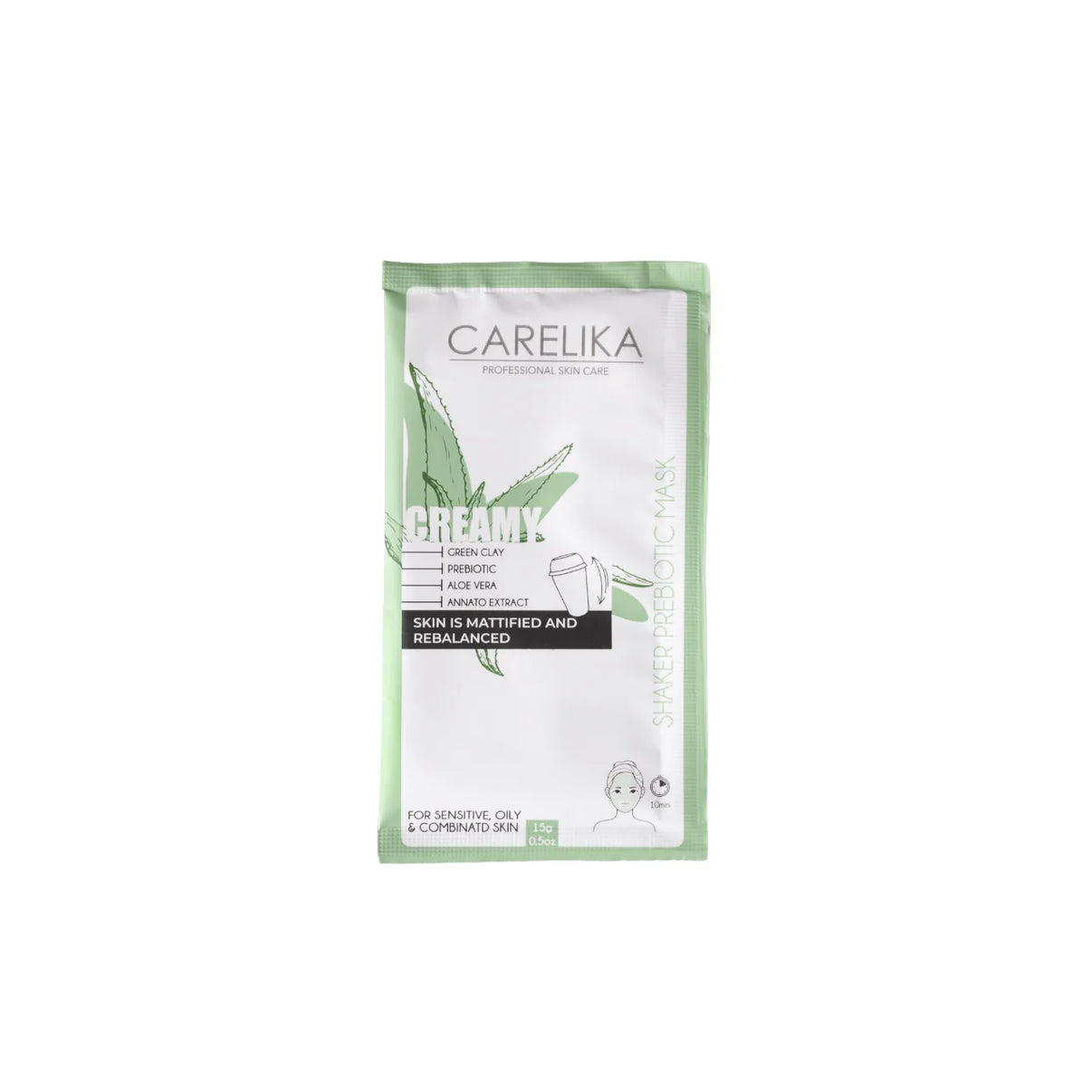 Prebiootiline kreemjas šeiker-mask rohelise saviga CARELIKA Shaker